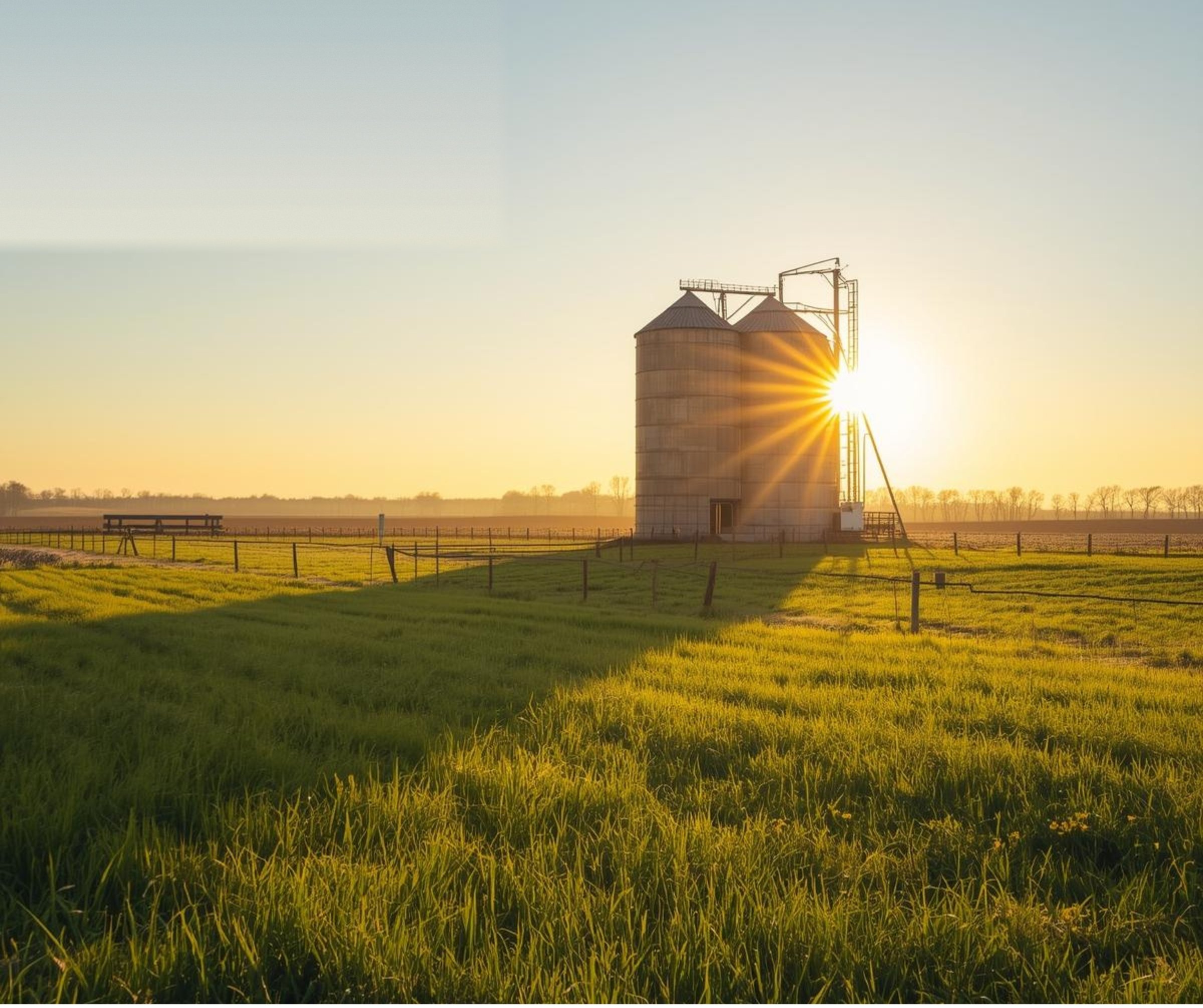 Silo à grain au coucher de soleil dans un champ — services CFI Industrie pour fermes céréalières, meuneries et installations agricoles partout au Québec.